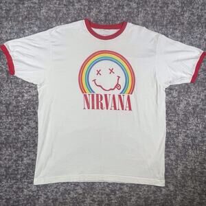 Nirvana Smiley Rainbow Ringer T-Shirt Men’s XL White Red Trim Grunge Y2K Tee